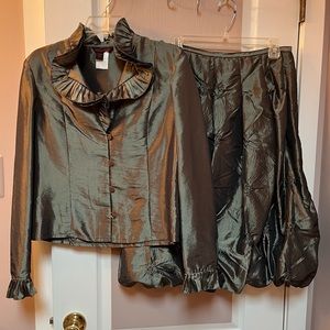 Simon Chang Olive Green Ruffle Blazer and Midi Skirt Set